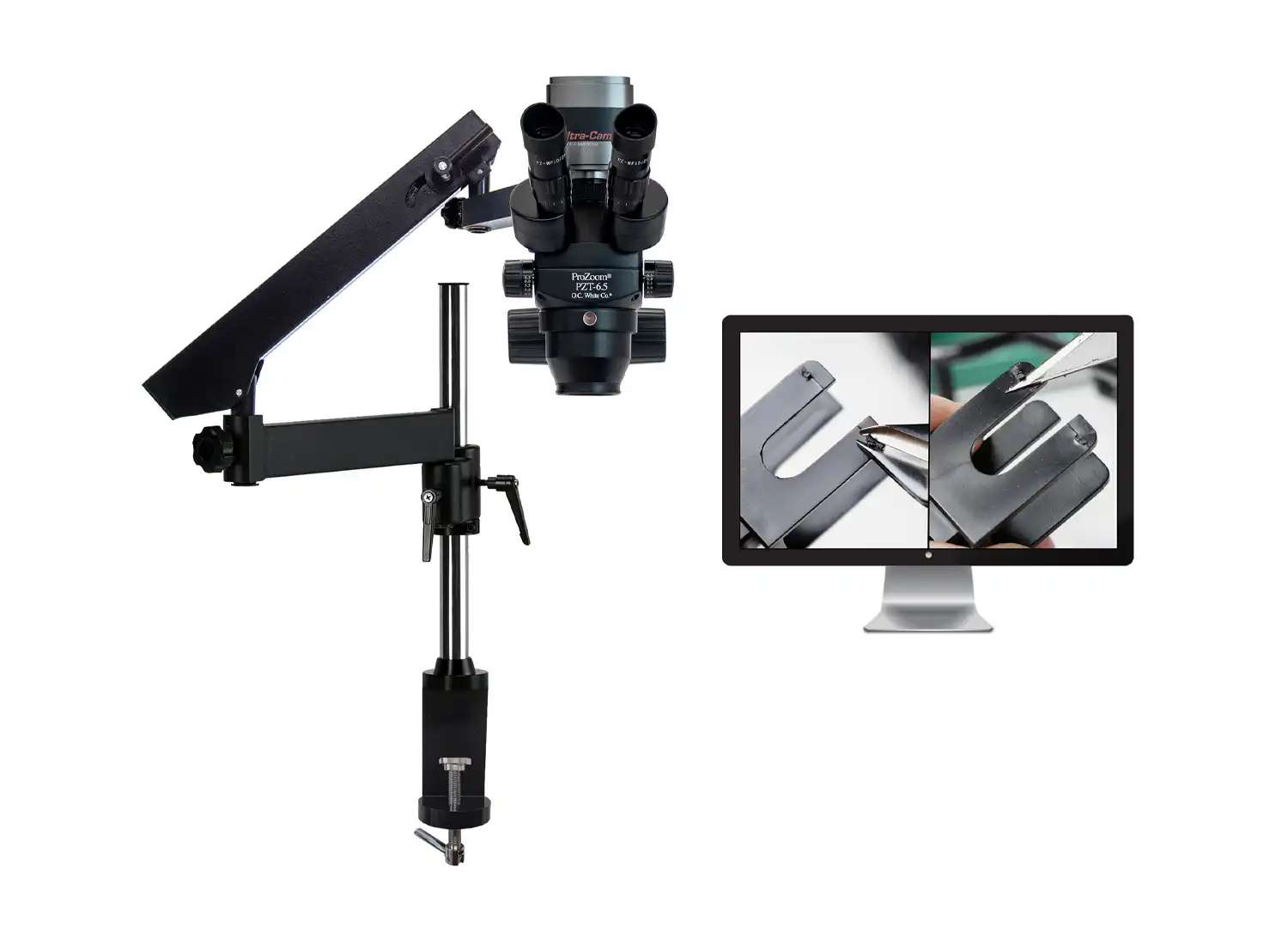 ProZoom 6.5 Trinocular Microscope with 6MP Hybrid HDMI-USB Camera with 22″ LCD – Articulating Arm Base